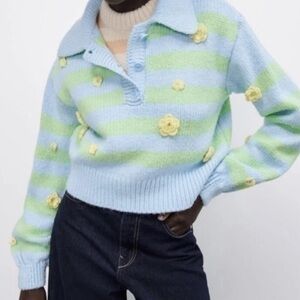 Zara Light Blue and Green Striped Sweater with Yellow Floral Details